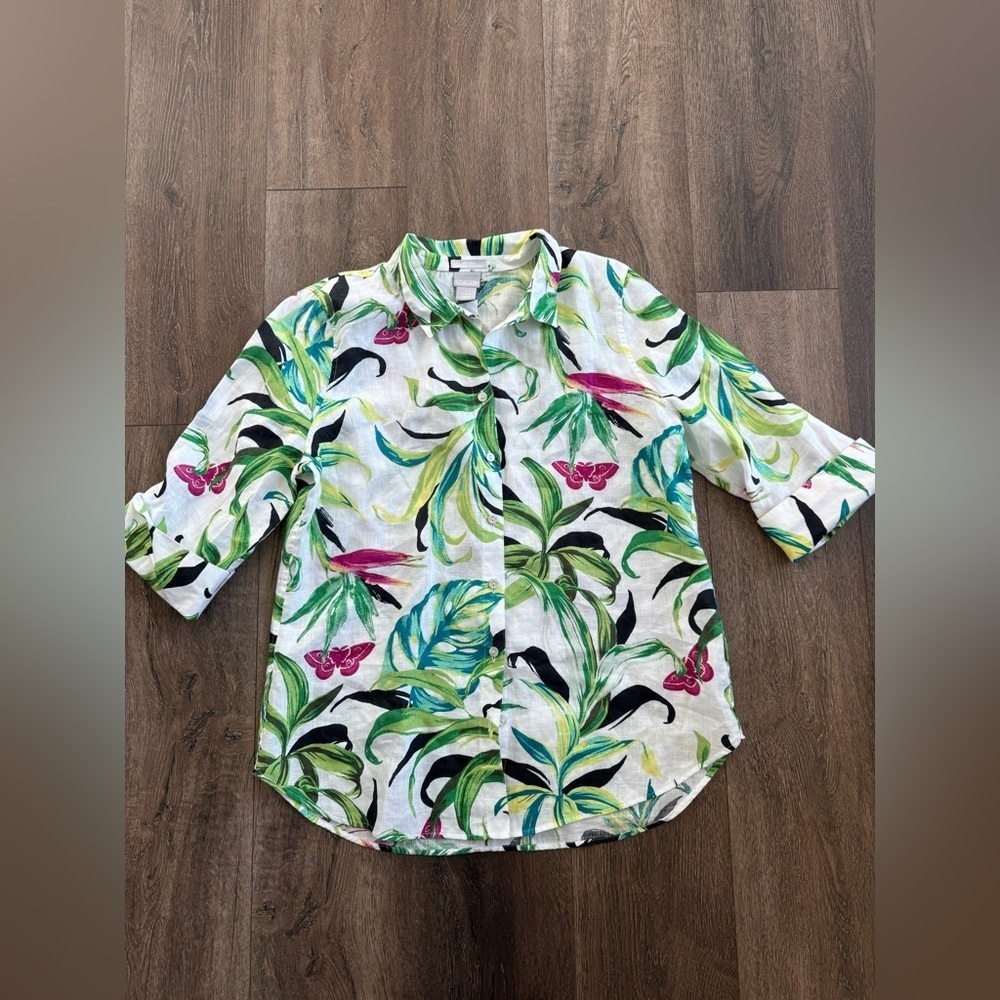 Chico's Tropical Leaf Print Button Down Shirt